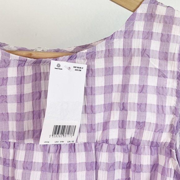 NWT ASOS Tiered Sleeveless Gingham Blouse in Purple & White - Picture 6 of 8